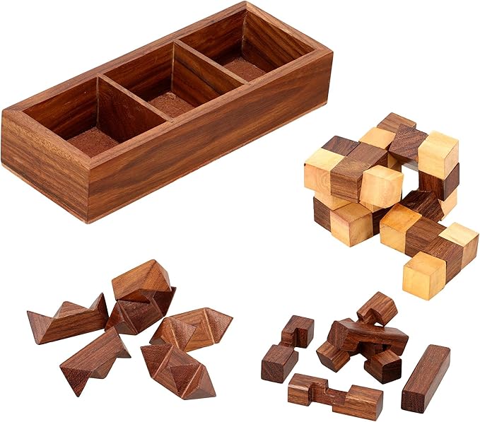 Ajuny 3-in-One Wooden Puzzle Games Set - 3D Puzzles for Teens and Adults - Challenging Brain Teasers 3D Puzzle IQ Logic Handcrafted Games, Includes Decorative Storage Box Best Gift 3 in 1 Game Set