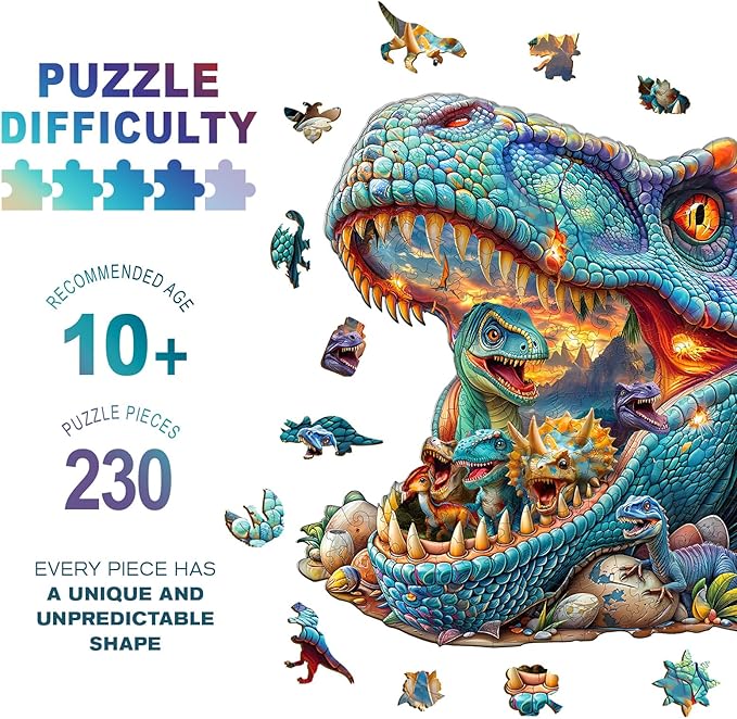 Wooden Jigsaw Puzzles, Fantasy Dinosaurs Wooden Puzzles for Adults with Unique Shape, Adult Jigsaw Puzzle, Birthday Gifts for Adults, 13.4"x12.9"-230pcs