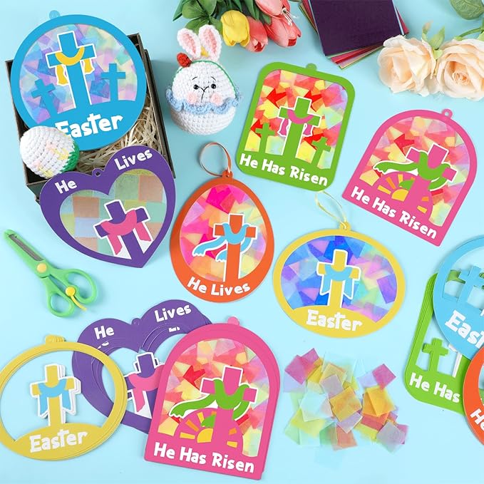 Qyeahkj 36 Set Easter Suncatchers Crafts for Kids DIY Resurrection Church Window Tissue Paper Crafts Kit He is Risen Hanging Decor for Religious Cross School Home Activity Art Project Favor Gift