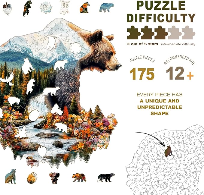 Wooden Puzzles for Adults - Bear and Nature Wooden Jigsaw Puzzle - Unique Animal Shaped Wood Puzzles Adult - Christmas Birthday Gifts for Adults/Friends/Family - 175pcs 11.4 * 11.5in