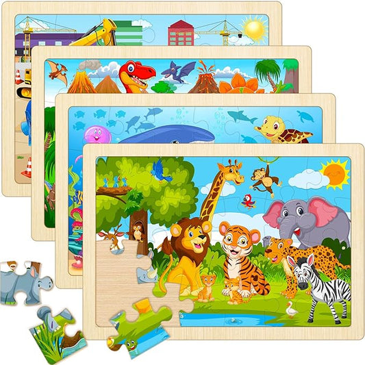 Wooden Puzzles for Kids Ages 4-6, 4 Pack with 24 Pieces Dinosaur, Animal, Ocean, Vehicle Wooden Puzzles for Toddlers Set, Educational & Learning Puzzles, Toys Gifts for 3 4 5 6 Year Old Boys Girls