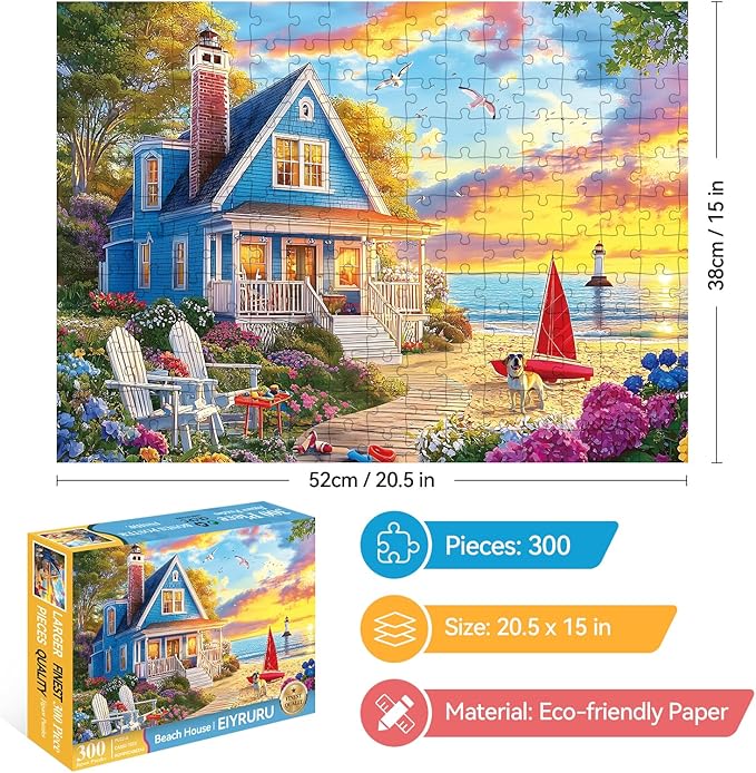 300 Piece Jigsaw Puzzle for Adults – Charming Beach House, Sailboat & Playful Dog – Fun Perfection Game, Premium Puzzle for Relaxation, Family Activity or Gift (20.5" × 15")