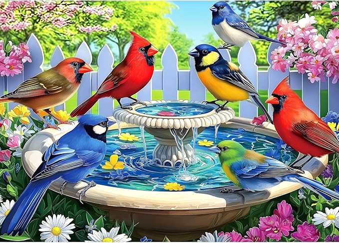 Birds at Birdbath 1000 Piece Jigsaw Puzzle for Adults Birds Bath Fountain Garden Scene Challenging Family Puzzle Perfect for Game Nights (27.5"X19.6")