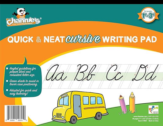 Channie’s Quick & Neat Cursive Handwriting Pad, 80 Pages Front & Back, 40 Sheets, Grades 1st – 3rd, Size 8.5” x 11”