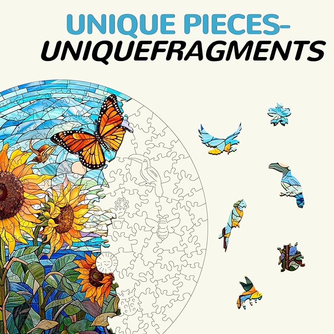 Wooden Puzzles for Adult, Sunflower and Butterfly Wooden Jigsaw Puzzle, Unique Shape Flower Puzzle with Beautiful Wooden Box, Best Gift for Friends (L-13.4 * 13.4in-300pcs)