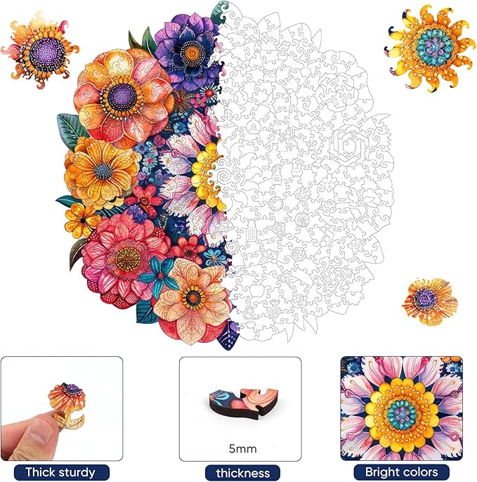 Mys Aurora Puzzles for Adults Round Flower Wooden Puzzles, 500 Pieces Unique Shaped Liberty Jigsaw Puzzles, Birthday for Adults and Kids, Fun Challenge Family Game 16.1'' x 16.7''