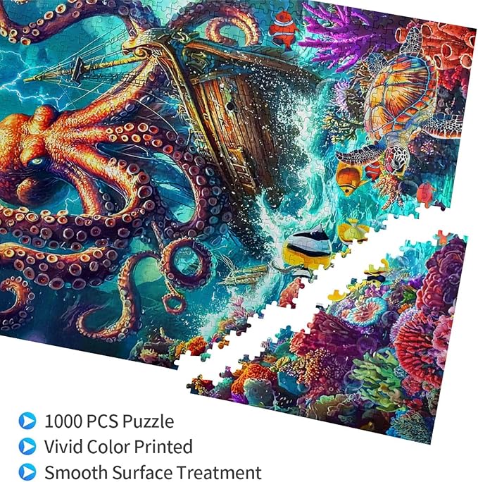 Octopus Ocean Puzzle for Adults 1000 Pieces Octopus Pirate Ship Ocean Sea Jigsaw Puzzles Marine Artwork Colorful and Fun Challenging Puzzle for Game Nights