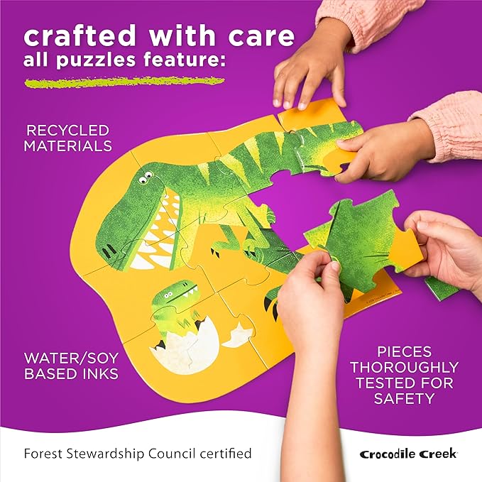 Crocodile Creek Let’s Begin Puzzle - Ten 2-Piece Beginner Puzzles for Ages 2 and Up - Heavy-Duty Storage Canister with Handle - Colorful Dinosaurs Design - Each Puzzle is 6" L x 4" H Finished