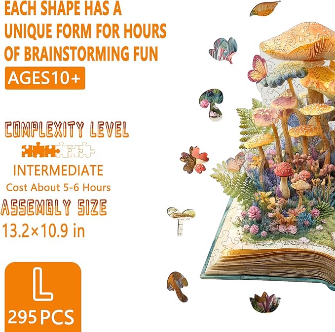 Wooden Puzzles for Adults - Forest Magic Book Wooden Jigsaw Puzzle for Adults, Mushroom Wood Puzzles Adult, Unique Animal Shape Ocean Puzzle, Wall Art Home Decor (L-13.2 * 10.9in- 295 Pieces)