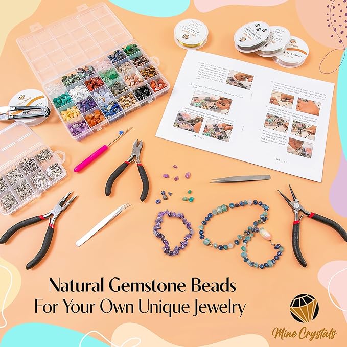 MineCrystals Jewelry Making Kit DIY Natural Crystal Chip Stones Beads Tools kit Jewelry Wires Findings Supplies Instruction Guide Gift Box for Adult Teens Craft Bracelet Earring Necklace