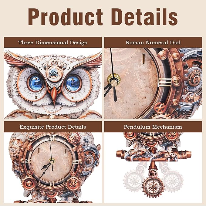 3D Puzzles for Adults Clock-Mechanical Owl Design Model Kit-Mechanical DIY Pendulum Clock with Roman Numerals-Desk Home Office Decor Personalized Gift for DIY Lovers