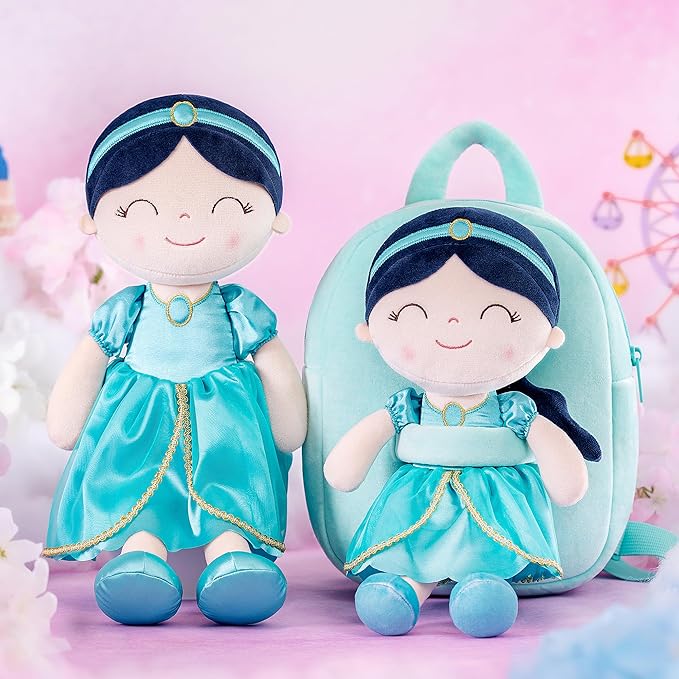 Gloveleya Back to School Gifts for Girls Toddler Backpack for Girls Kids Backpacks Soft Girl Toys Plush Baby Girl Gifts with Plush Princess Jasmins Doll Aqua 9"