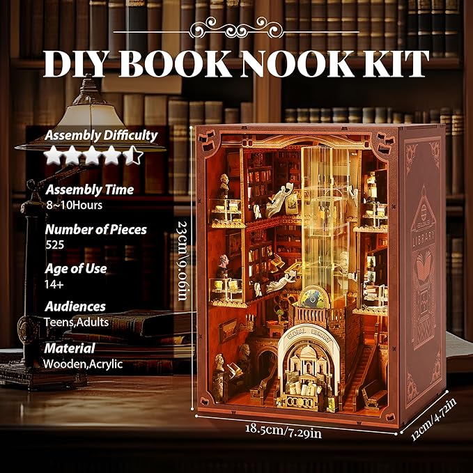 Book Nook Kit - Miniature Dollhouse Booknook for Adults & Teens, 3D Wooden Puzzle Bookshelf Decor with LED Lights (Battery/Type-C), Creative DIY Gift for Book Lovers