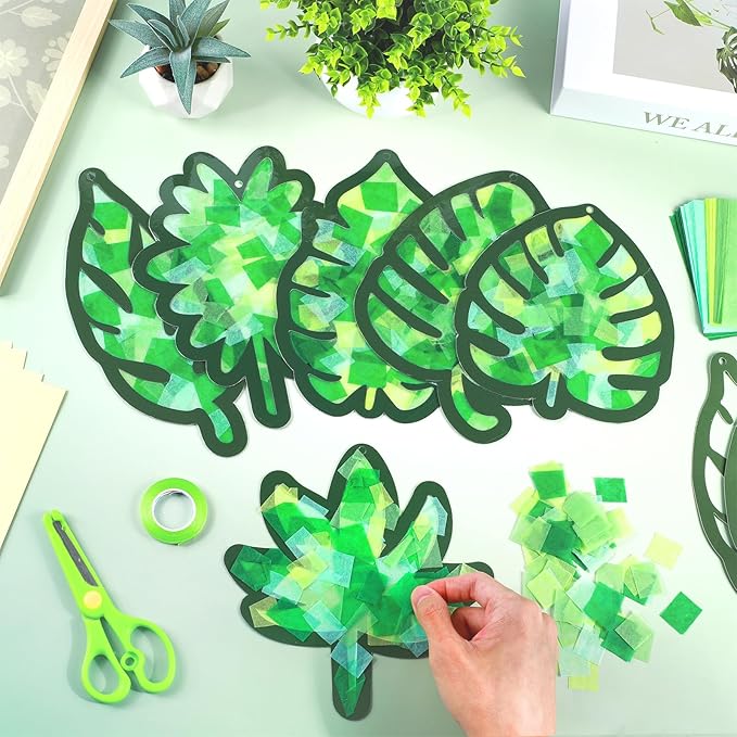 Qyeahkj 36 Set Summer Suncatchers Crafts for Kids DIY Hawaiian Palm Leaves Window Tissue Paper Crafts Kit Green Leaf Hanging Decor for Summer School Home Activity Art Project Birthday Party Favor Gift