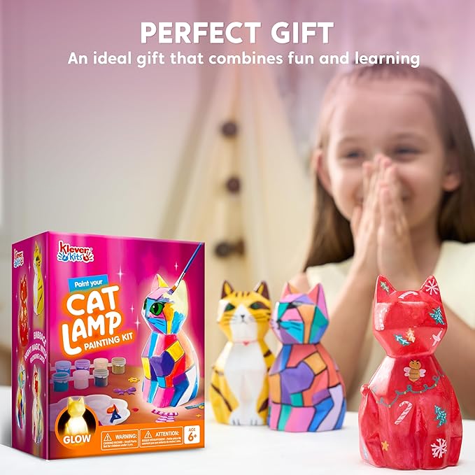 Klever Kits DIY Night Light- Paint Your Own Cat Lamp- Arts & Crafts Kit School Activities Art Supplies Toys Painting Kits, Birthday Gifts for Girls Boys Aged 6+