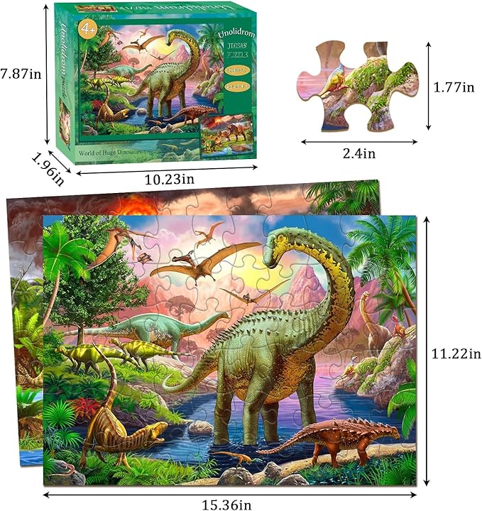 Puzzles for Kids Ages 4-6 – 2 x 60 Pieces Puzzles for Kids Ages 3-5 6-8 – World of Huge Dinosaurs – Learning Educational Toys for Boy and Girl (2 Packs)