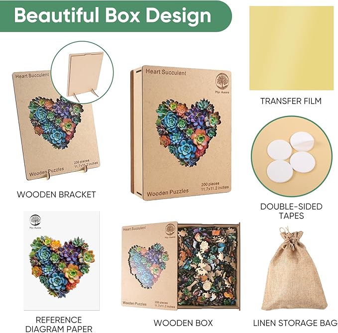 Mys Aurora Jigsaw Puzzles,200 Pieces Heart Succulent Wooden Puzzles for Adults, Unique Shaped Plant Puzzles,Brain Teaser Family Flower Puzzle Game Medium 11.7'' x 11.2''
