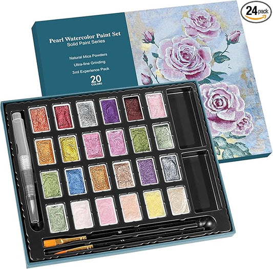 3ml Glitter Watercolor Paint Set with Paper, 24 Colors Shimmer Metallic Watercolour Painting Sets, Solid Pearl Water Color Paints for Adult, Kids, Rococo Style (Rococo 24Colors-L)