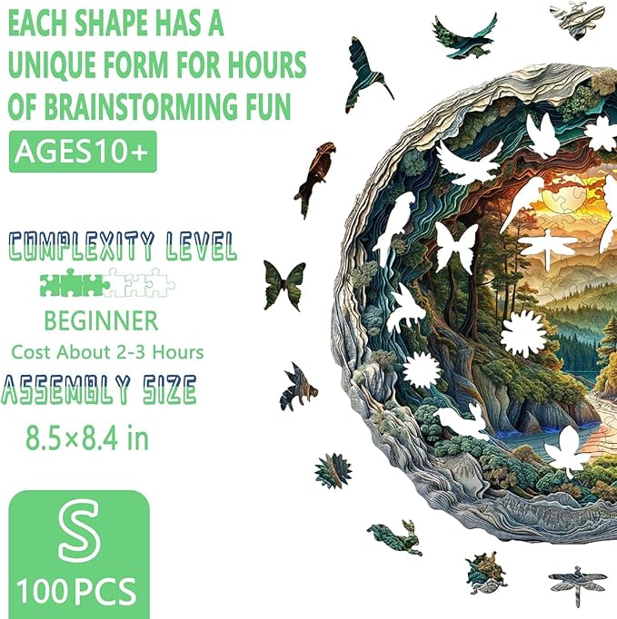 Wooden Puzzles for Adults, 3D Vision Effects Cave Forest Wooden Jigsaw Puzzle, Unique Shaped Wood Puzzles Adult, Hill Sunset Forest Trail Landscape Puzzle, Fun Gifts & Home Decor (S-8.5*8.4in-100pcs)