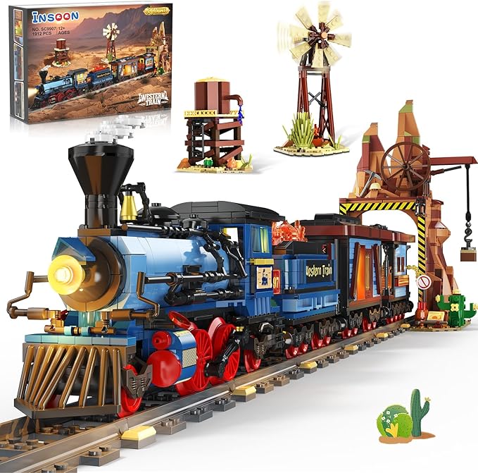 Western Train Building Set with Lights, 1912 PCS West Trains Static Display Model Toy with Tracks Windmill Water Tower, Home Office Decor Building Blocks for Adults Teens Big Boys Girls 12+