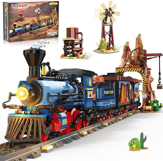 Western Train Building Set with Lights, 1912 PCS West Trains Static Display Model Toy with Tracks Windmill Water Tower, Home Office Decor Building Blocks for Adults Teens Big Boys Girls 12+