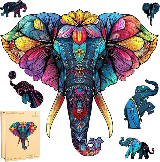 Ruikiyart Wooden Puzzles for Adults, 5MM 500 Pieces Mandala Elephant Jigsaw Puzzles Unique Shapes, Animal Puzzles Gift for Kids and Adults on Birthday,Thanksgiving,Christmas (19.6"x18.2")