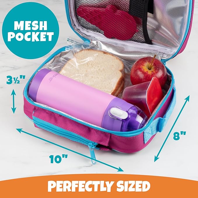 Kids Insulated Lunch Box w Snack Pocket & Expandable Water Bottle Holder For Girls- Waterproof Lunchbox Tote Keeps Food Hotter or Colder Longer - Reusable Back to School Bag Fits Most Bento Containers