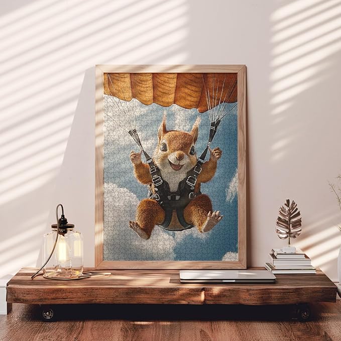 Red Squirrel Parachute Skydiving Jigsaw Puzzles for Adults 1000 Pieces, Extreme Sports for Animals Jigsaw Puzzle Art for Challenging Family Activity Game Colorful DIY Crafts Puzzle Wall Decor Gifts