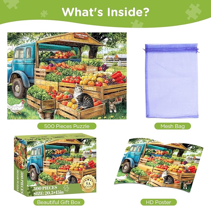 500 Pieces Jigsaw Puzzles for Adults, Truck and Cats Puzzle for Adults Child Seniors, Fruits and Vegetables Puzzle 500 Pieces, Gift for Birthday, Home Decor, Fun for Family Entertainment 20.5x15in