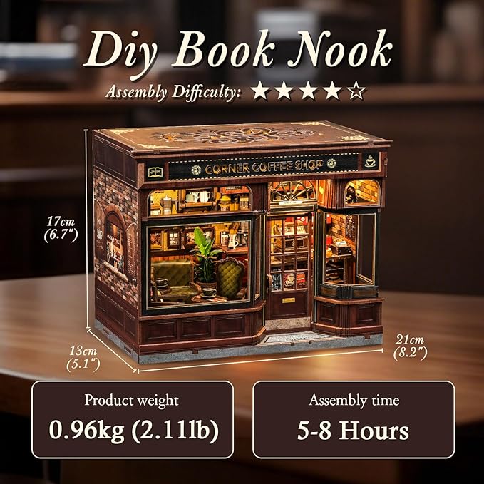 CUTEBEE Book Nook Kit, DIY Miniature House Kits for Adult and Teens, Dollhouse Booknook Tiny House, Bookshelf 3D Wooden Puzzle, DIY Craft Gifts for Family and Friends (Corner Coffee Shop)