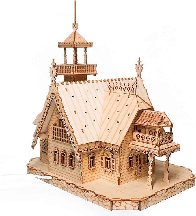 Vintage Villa 3D Wooden Puzzle,Building Kits for Adults and Teens,Educational Brain Teaser Assembly Model with LED Lights,Skill Building and Creative Fun
