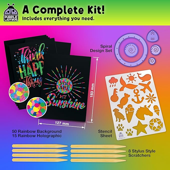 PURPLE LADYBUG Rainbow Scratch Art Paper, 79 PCS Creative Drawing Paper & Stencils - Arts and Crafts for Ages 4-12, Kids Craft Activity Set for Halloween, Christmas Gift, Birthday Party Games