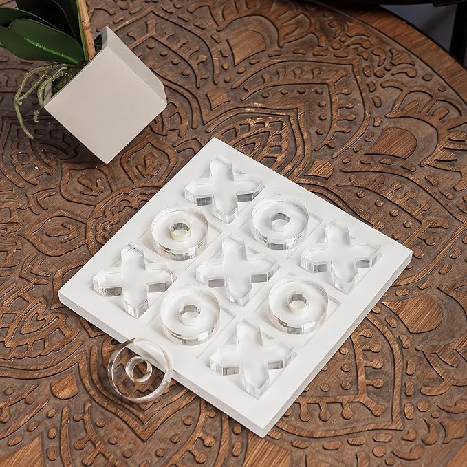 NIKKY HOME Acrylic Tic Tac Toe Wood Board Game Classic Coffee Table Decor Decorative Wooden Travel Game for Family, White
