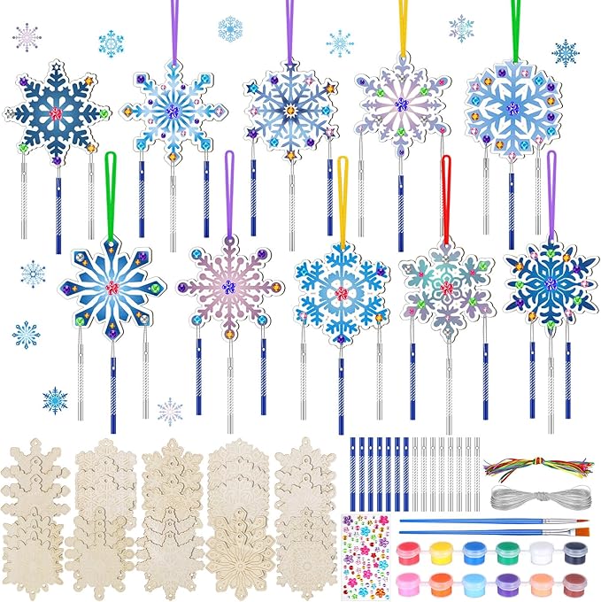 JellyArch 30 Pack Winter Snowflake Wind Chime Making Kit for Kids Make Your Own Wind Chime Wooden Ornaments for Girls and Boys DIY Crafts Activity Birthday Winter Decoration