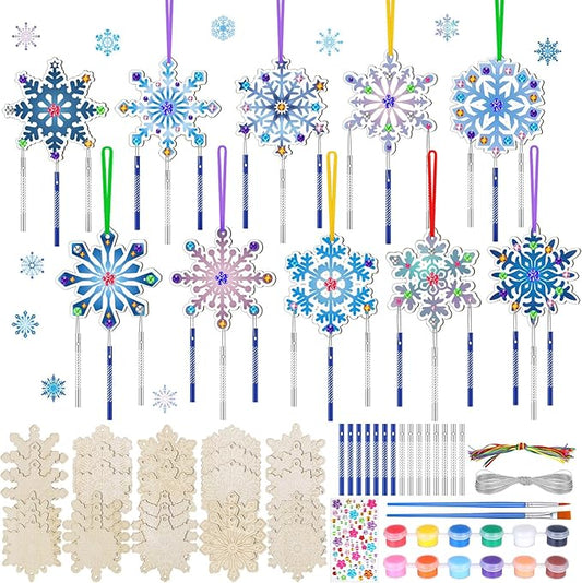 JellyArch 30 Pack Winter Snowflake Wind Chime Making Kit for Kids Make Your Own Wind Chime Wooden Ornaments for Girls and Boys DIY Crafts Activity Birthday Winter Decoration