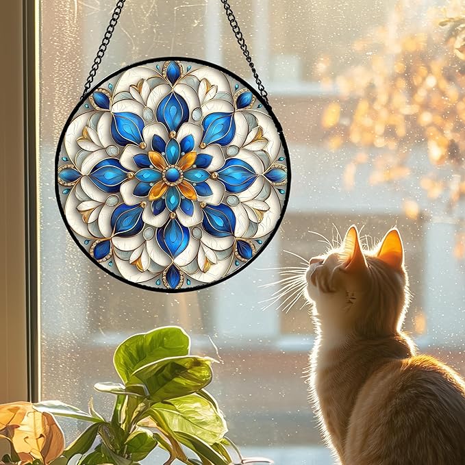 Stained Glass Window Hanging - Blue and White Abstract Flowers Suncatcher for Door Terrace Garden Home Decor, Gold Sun Catcher Birthday Gifts for Lovers Women Men Dad Mom Nana 11.8 in