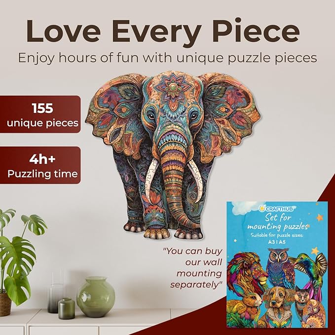 CRAFTHUB Animal Wooden Puzzles for Adults – A3 Vivid Elephant with 155 Pieces Wood Puzzles – Jigsaw Puzzles with Unique Animal Shapes – 11" x 10.5"