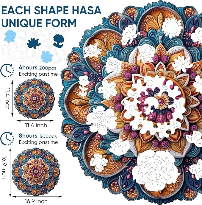 Wooden Jigsaw Puzzles, Mandela Wooden Puzzles for Adults 200 Pcs, 11.4'' x 11.4'' Luxurious Shaped Wood Puzzle, Beautiful Package, Best Gift for Adults and Kids, Family Game