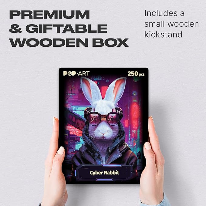 UNIDRAGON Original Wooden Jigsaw Puzzles - Pop Art Cyber Rabbit, 250 pcs, 12.6"x 9", Beautiful Gift Package, Unique Shape Best Gift for Adults and Kids