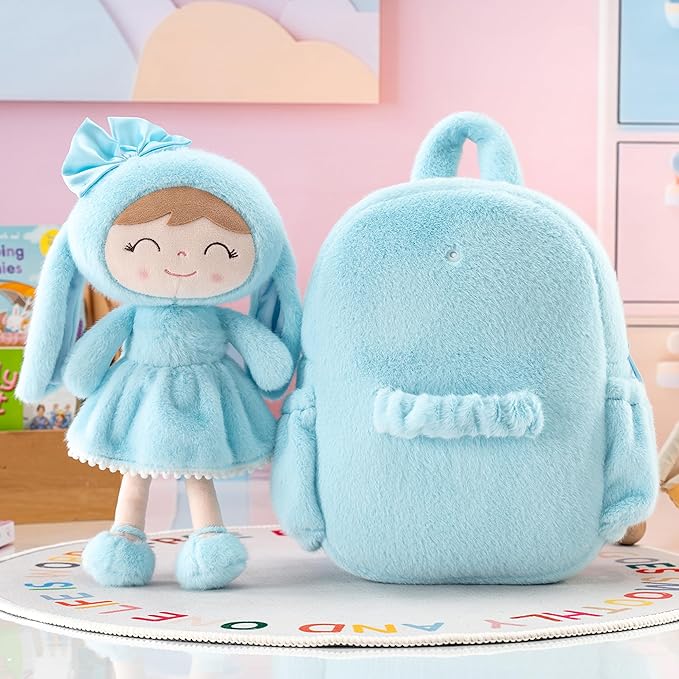 Gloveleya Back to School Gifts for Girls Toddler Backpack Kids Backpack Baby Girl Gift Plush Bag with Pure Blue Rabbit Doll 11 Inches Aged 2+