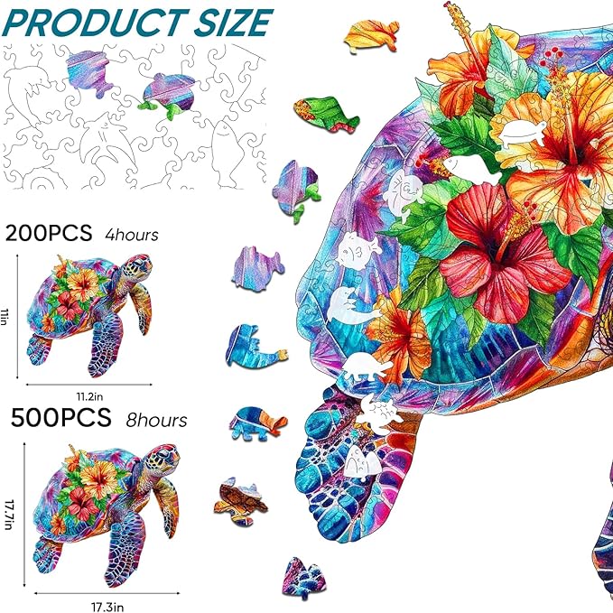 Wooden Jigsaw Puzzle, 200 Pcs Unique 3D Shape Jigsaw Puzzles, Wood Puzzle Gift Box Packing, Medium Size Letter, Creative Gift for Adults and Kids, Fun Challenging (EA4Turtle, 200PCS)