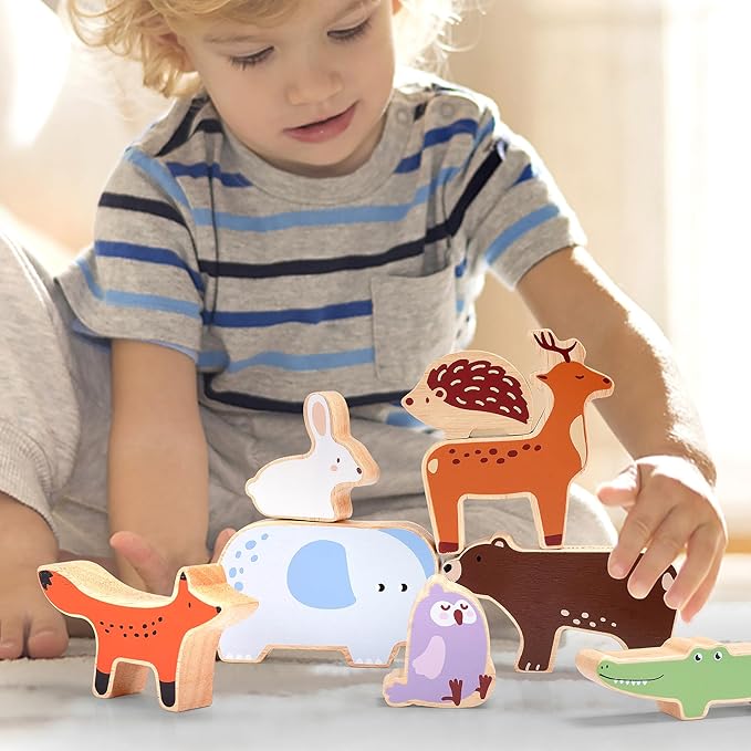 PairPear Large Wooden Animal Stacking Blocks for Toddlers, Montessori Toys Building Stacking Toys & Bag, Educational Balancing Activity Toy for Kids Toys Age 18 Months+