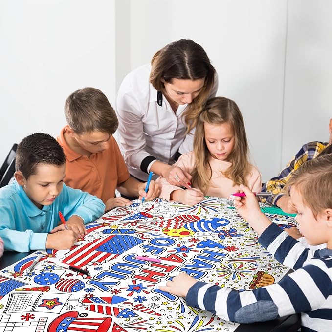 Gatherfun 4th of July Coloring Tablecloth | Patriotic Giant Poster 31.5x72 | Ideal for Independence Day Decor & Activities | American Flag-Themed for Classroom Wall or School Party Table Cover