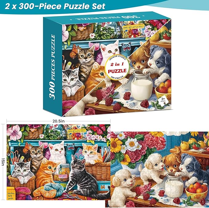 2 Pack 300 Piece Puzzle for Adults,Cute Dogs Cats Jigsaw Puzzle for Adults Teens,Large Piece Puzzle for Kids Ages 8-10 10-12,Glossy & Sturdy Pieces,Challenging Family Game Great Gift Idea,20.5x15 in