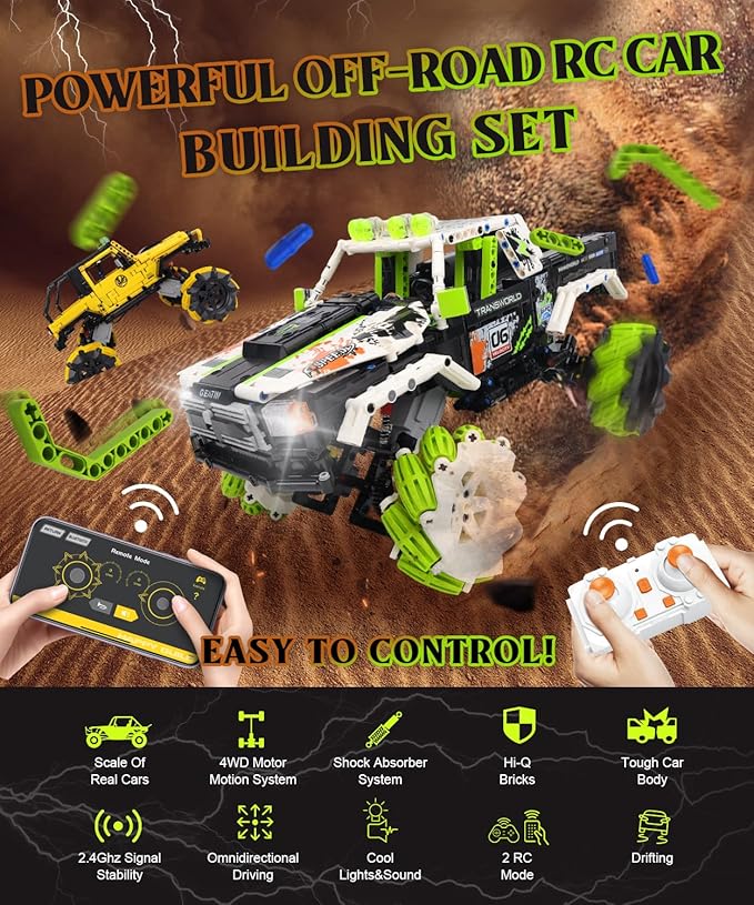Pickup Truck Building Kits with Remote Control for Adults,Technic Off-Road Car Building Blocks Toys,STEM Engineering Gift for Mens,Boys,Kids-1550PCS(Green)