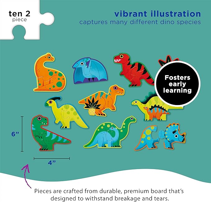 Crocodile Creek Let’s Begin Puzzle - Ten 2-Piece Beginner Puzzles for Ages 2 and Up - Heavy-Duty Storage Canister with Handle - Colorful Dinosaurs Design - Each Puzzle is 6" L x 4" H Finished