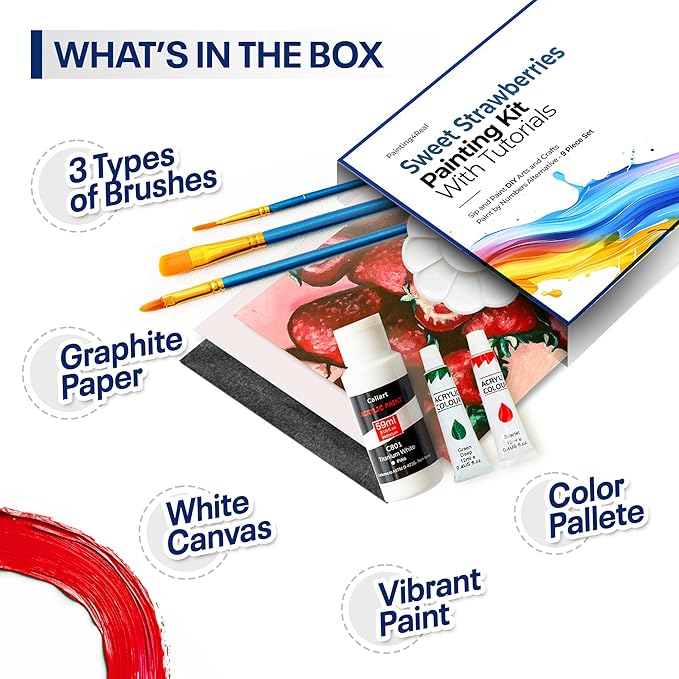 Painting4Real DIY Painting Class Kit for Adults with Video Tutorials: Learn to Paint Sweet Strawberries – How to Paint with Acrylics – Painting & Art Supplies – 9 Piece Acrylic Paint Set