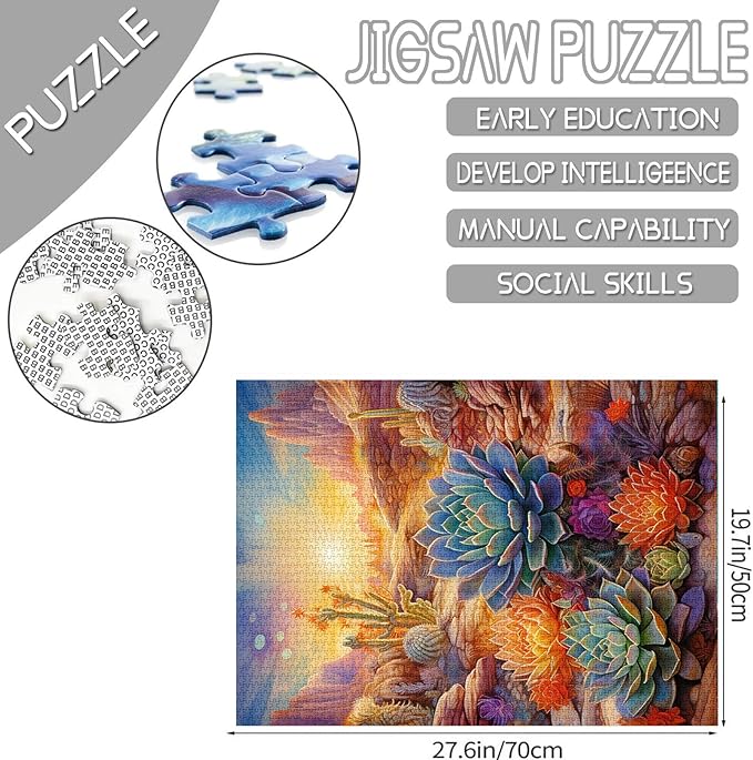 1000 Piece Jigsaw Puzzles for Adults America Arizona Desert Painting Jigsaw Puzzle Tropical Succulent Plants 1000 Pieces Puzzles Game Home Wall Decor DIY Craft Landscape at Sunset Puzzle Art Gift
