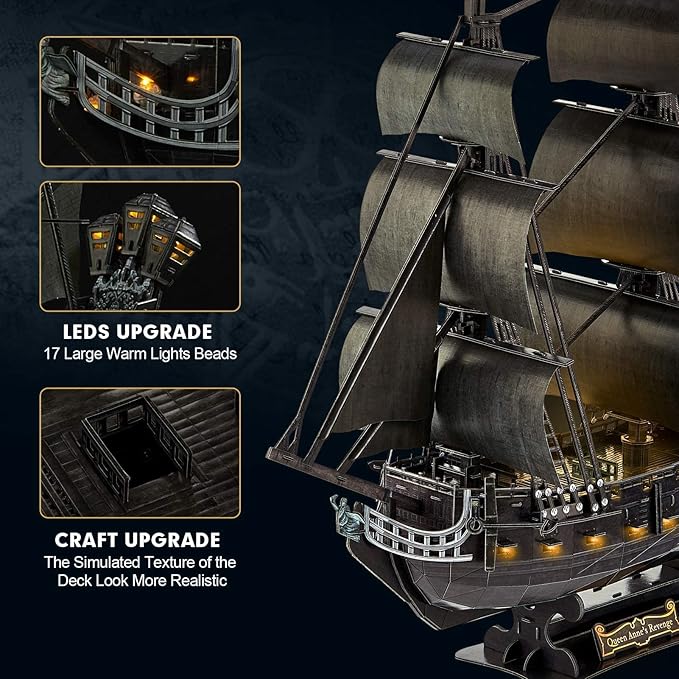 3D Puzzle for Adults Moveable LED Pirate Ship with Detailed Interior Decoration, Large Queen Anne's Revenge Desk Puzzles, Difficult 3D Puzzles with Lights Gifts for Men Women