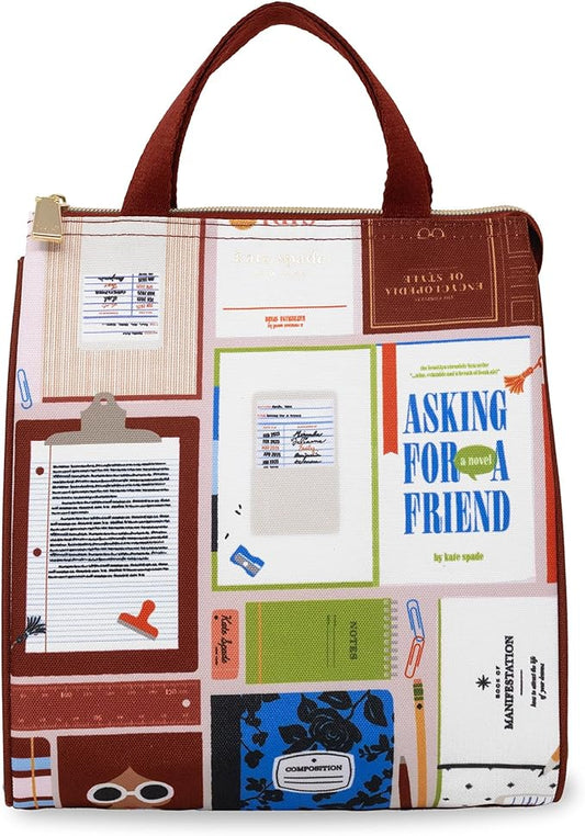 kate spade new york Cute Lunch Bag for Women, Large Capacity Lunch Tote, Adult Lunch Box with Silver Thermal Insulated Interior Lining and Storage Pocket (Book Club)